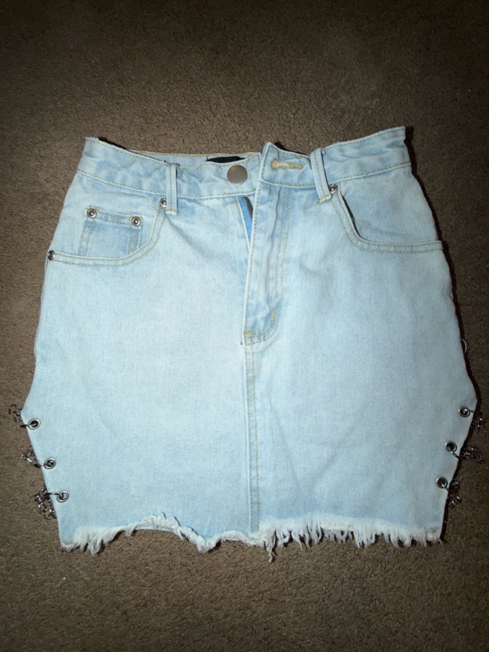 PrettyLittleThing Light Blue Denim Mini Skirt with Side Grommet Chains